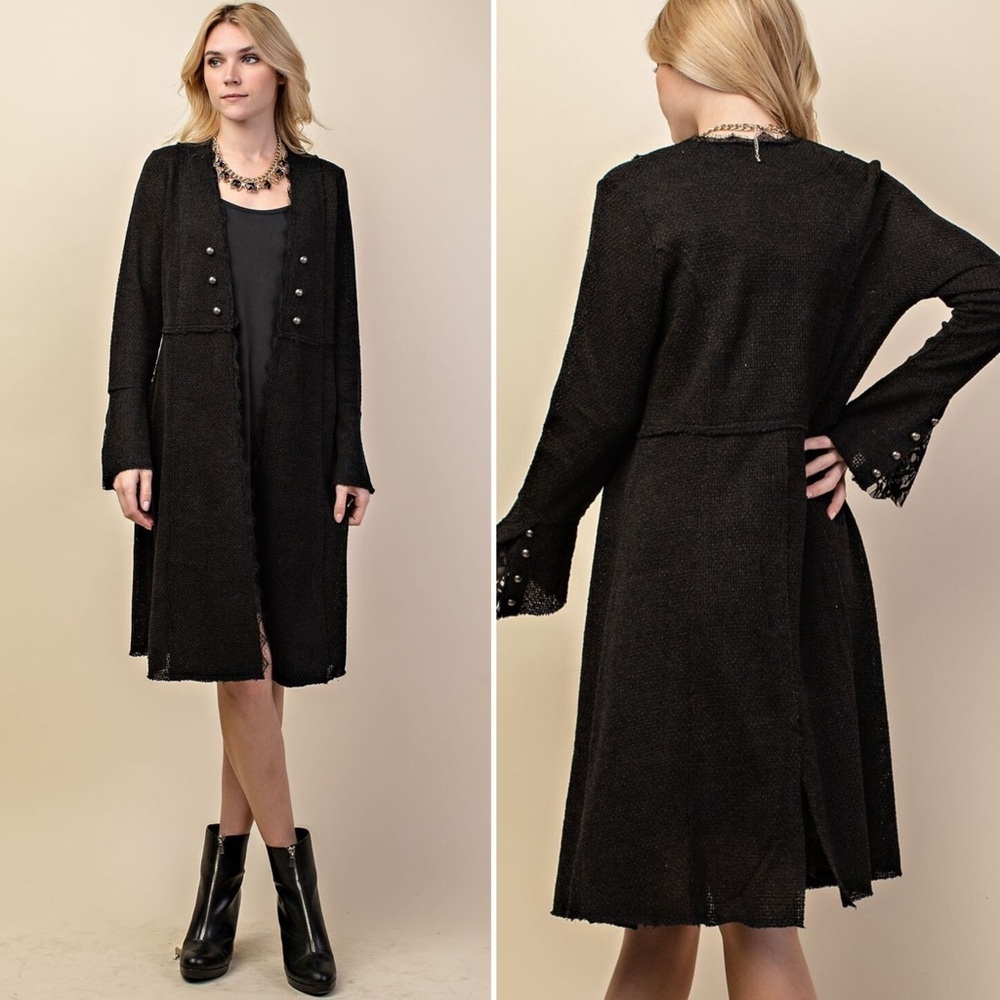 Vocal Black Studded Lace Open Long Cardigan Duster Wrap Jacket Women’s Size M